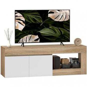 Mueble de TV Homcom 60 Pulgadas Blanco y Natural con 2 Puertas y Estante Abierto