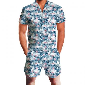 Goodstoworld Mameluco Hombre Jumpsuit 3D Gráfico Impreso Zip Up Mono Camisa de Grandad Verano Onesies M Tropical Leaves
