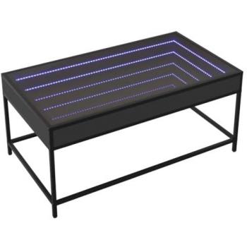 Mesa de centro con Infinity LED negro, 90x50x41 cm, madera de ingeniería negra, vidrio, metal, diseño moderno para sala de estar, dormitorio y pasillo