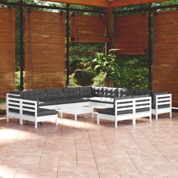 Muebles de jardín 14 pzas con cojines blanco madera maciza pino
