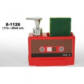 DonRegaloWeb - Cocina - Dosificador estropajero de cerámica decorado como una cinta de caset en color rojo.