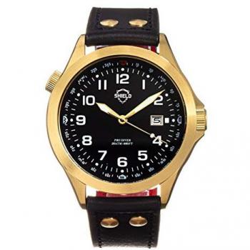 Shield Palau Men's Gold/Black Leather Diver Watch with Date - One Size