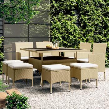 Juego de comedor de jardín 9 piezas Polyrattan Beige