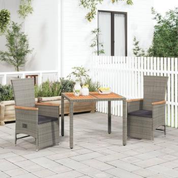 Set de comedor de jardín 3 piezas con cojines de Polyrattan gris