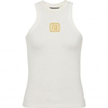 Balmain Women's Cotton Sleeveless Top with PB Embroidery in Beige and White | Size Large | CF1EB045BC49GQO