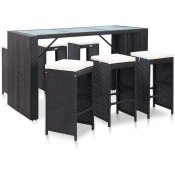 7-Piece Black Poly Rattan Garden Bar Set with Cushions