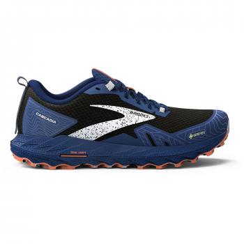 Zapatillas de trail running para hombre Brooks Cascadia 17 GTX, características: impermeables con tecnología Gore-Tex, diseño en colores azul marino, negro y naranja, talla 40.5