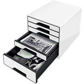 Leitz Buc de 5 Cajones A4 con Rotulador y Bandeja Transparente, Organizador, Gama WOW, Blanco/Negro
