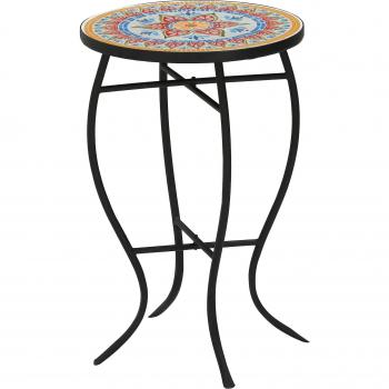 Outsunny Mesa Auxiliar de Jardín Redonda con Mosaico y Patas de Metal para Exterior, Terraza o Balcón Ø35,5x53,5 cm Color Rojo