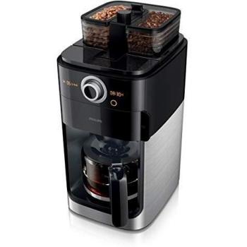 Philips Cafetera con Molinillo de Café - Jarra Cristal 1.2L, 12 Tazas, Doble Contenedor Granos, Temporizador, Negro/Metal