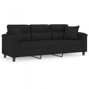 Sofá de 3 plazas con almohadas negro 180 cm tejido de microfibra