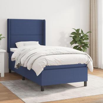 Cama box spring con colchón de muelles en tela azul 90x200 cm