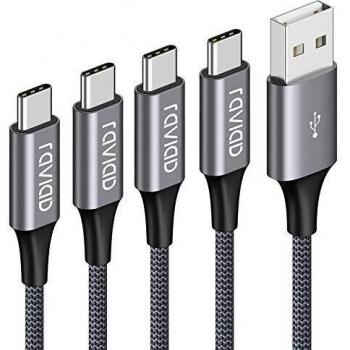 RAVIAD Cable USB Tipo C, [4Pack 0.5M 1M 2M 3M] Cargador Tipo C Nylon Carga Rápida y Sincronización Cable USB C para Galaxy A02s/A03s/S10/S9/M12, Huawei, Redmi 9A/10, Realme 8, OnePlus 8T, Poco X3 Pro