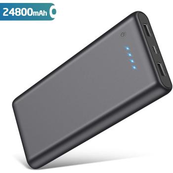 Qtshine bateria externa compacto de alta capacidad con 2 usb de carga rapida salida maxima 21a para telefonos inteligentes 24800mah negro