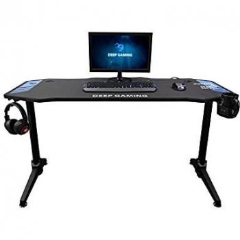 Mesa Escritorio Gaming Grande DeepMaster XL, con Soporte Cascos, Posavasos e Iluminación RGB. Incluye Alfombrilla Gaming de Regalo. Medidas 140x62x75 cm