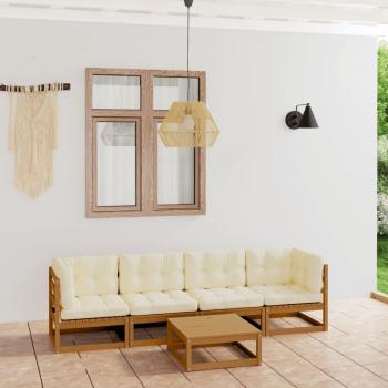 Set de Jardín 5 Piezas con Cojines de Madera Maciza de Pino