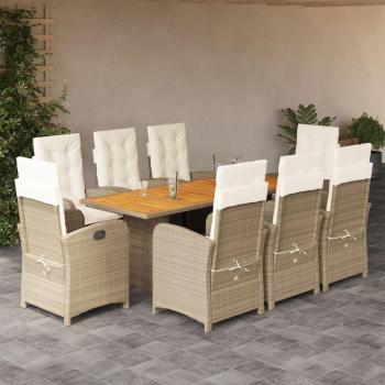 Set de almuerzo de jardín 9 piezas con cojines beige de mezcla de polyrattan