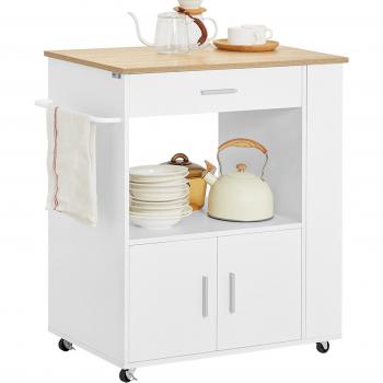 Carrito de Servicio Camarera Multiusos SoBuy FKW113-WN con 3 Estantes laterales, 2 Puertas, 1 Cajón y 1 Porta Paños de Cocina en color Blanco, dimensiones 82 x