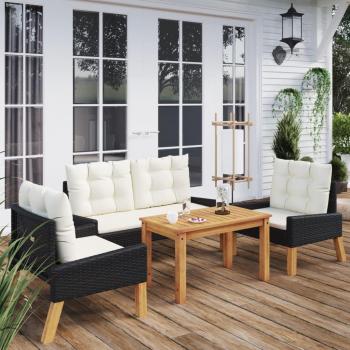 Set de muebles de jardín 4 piezas con cojines de ratán PE y madera negra
