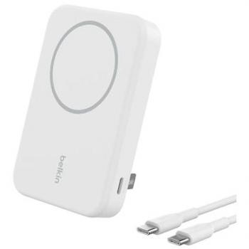 Powerbank Inalámbrica Belkin BoostCharge Pro Qi2 8000 mAh con MagSafe y Soporte Caballete Blanco