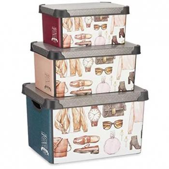 Pack de 3 Cajas Multiusos con Tapa de Almacenaje de Plástico Vintage (22L, 17L y 10L)