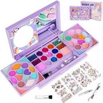 KIDCHEER 47 Kit Maquillaje Niña, Juguete de Maquillaje Lavable Cosmético Real con Pinceles, Espejos y Pegatinas de Gemas para Regalos de Cumpleaños de Niños de 3 4 5 6 7 8 9 10 Años