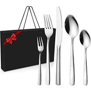 Set de Cubiertos 30 Piezas, Cubertería en Acero Inoxidable con Cuchillos Chuleteros, Tenedores, Cucharas, Juego de Cubiertos para Regalo