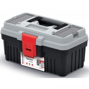 Caja de herramientas Optima 30 con portaherramientas, mango ergonómico y tapa robusta, color gris, dimensiones 296 x 178 x 153 mm