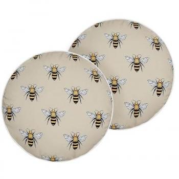 Conjunto de 2 cojines de jardín redondos de poliéster beige con motivo de abejas, 40 cm, resistentes al agua para exteriores