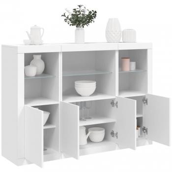Aparador moderno de 3 piezas con luces LED, madera de ingeniería blanca, mueble de almacenaje para salón, armarios con puertas y cajón de madera, buffet y armario auxiliar