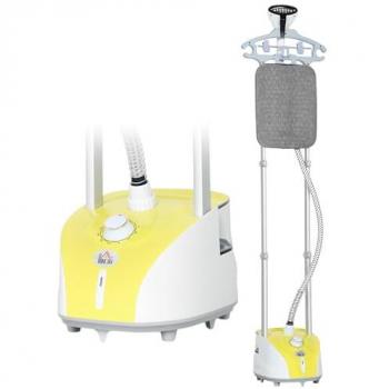Plancha Vertical de Vapor HOMCOM 1950W, Depósito de 2L, 32g/min, Temperatura Ajustable, Barra Telescópica y Colgador de Ropa Amarillo