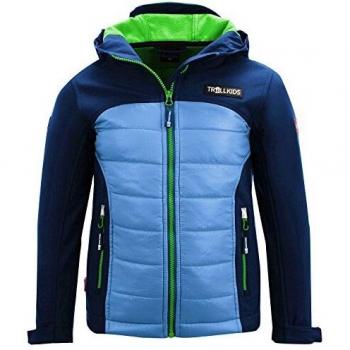 Trollkids Chaqueta para Niños Híbrida Softshell Lysefjord, Color Azul Marino/Azul Medio/Verde Talla 8 años