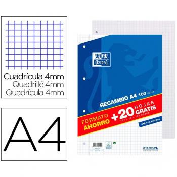 Recambio Oxford A4 School Classic 100 Hojas + 20 Hojas Gratis Cuadrícula 4x4 con Margen