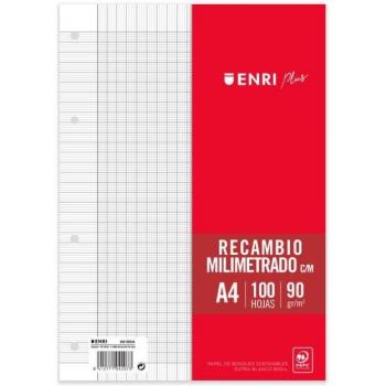 Recambio Enri Plus A4 100 Hojas 4 Taladros 90g Papel Milimetrado con Margen Ref.400158544