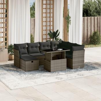 8-Piece Grey Poly Rattan Garden Sofa Set with Cushions