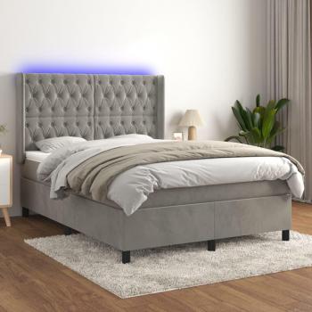 Colchón box spring de muelles y terciopelo LED gris claro 140x200 cm