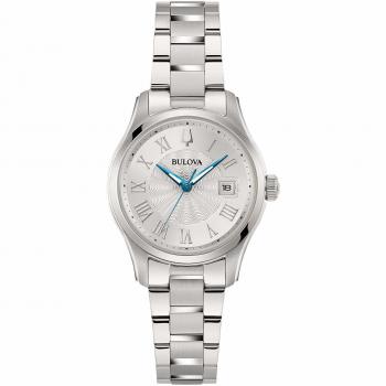 Reloj Bulova Wilton Lady 96M162 mujer acero inoxidable, esfera plateada, cristal mineral, resistencia al agua hasta 30 metros, movimiento de cuarzo japonés, correa de acero inoxidable con cierre desplegable