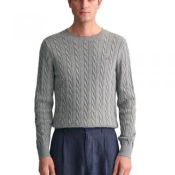 GANT Men's Cotton Cable Knit Crew Neck Jumper - Grey Melange - Size L