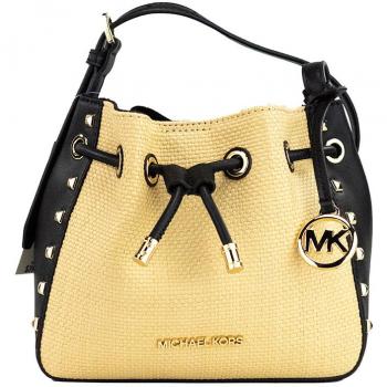 Phoebe Small Straw Studded Faux Leather Bucket Messenger Bag Purse