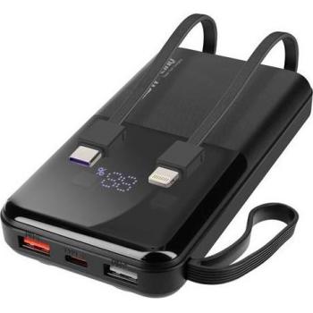 Batería Externa 10000 mAh con Cables Lightning y USB Tipo C - Power Delivery y Quick Charge - Negra