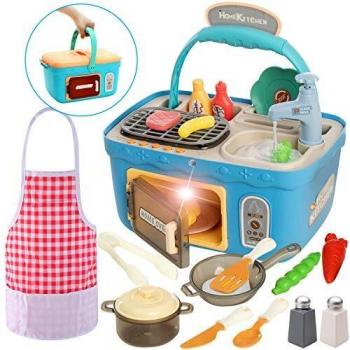 JOYIN Juego de Picnic para Cocina, portátil, Cesta de pícnic, Juguetes con música y Luces, Cambio de Color, Juego de Alimentos, Fregadero de Cocina y Horno de Juego, Juegos de Juguetes de Cocina