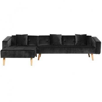 Sofá Cama Esquinero Reclinable de Terciopelo Negro con 3 Almohadas y Patas de Madera Clara - Versión Derecha para 4 Plazas
