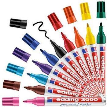 Edding 3000 marcador permanente - multicolor - 10 colores básicos - punta redonda 1.5-3mm - indeleble de secado rápido - resistente al agua y a los borrones - cartón plástico madera metal - universal