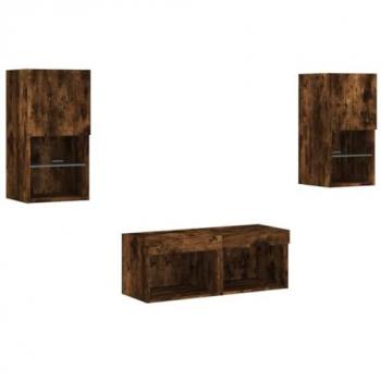 Muebles de TV de pared con luces LED 4 piezas roble ahumado Marrón