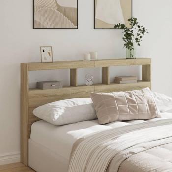 Cabecero de cama con contenedor LED en color roble Sonoma, dimensiones 160x17x102 cm