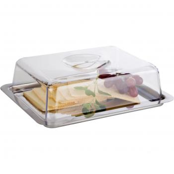 Bandeja rectangular con tapa APS de acero inoxidable, 27x18x7 cm, color plateado