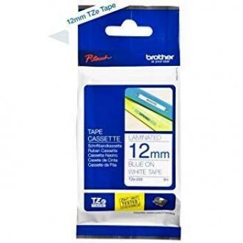 Cinta de Etiquetas Brother TZE-233 Original, Laminada Blanco/Azul, 12mm x 8m