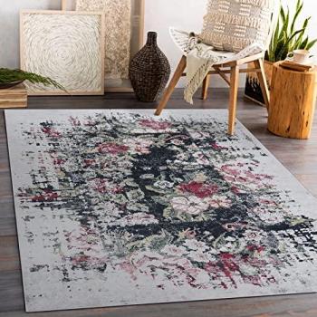 Alfombra Lavable Antideslizante Flores Vintage Andre 1816D Blanco/Rojo 160x220 cm