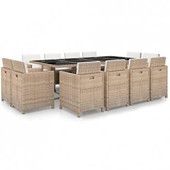 13-Piece Beige Poly Rattan Outdoor Dining Set with Cushions