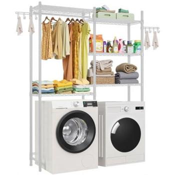 5-Tier Adjustable Over Washer and Dryer Storage Rack with Hanger Rod and Hooks, Space-Saving Laundry Room Organizer, White